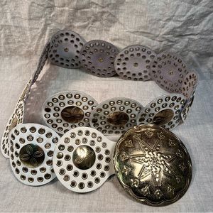 Wide white and brass boho concho leather belt
